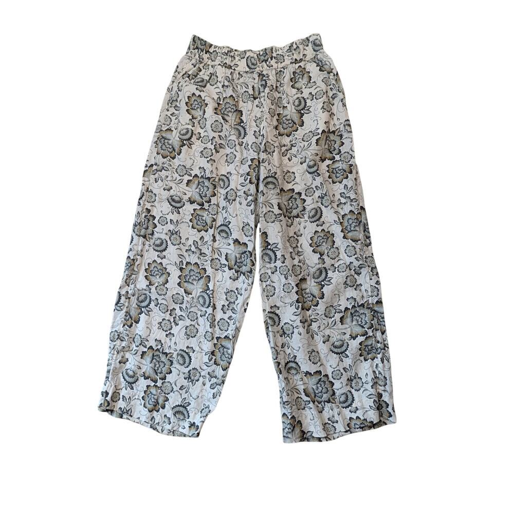 Tahari Women’s Linen Floral Wide Leg Pants Size M White Green Botanical Print